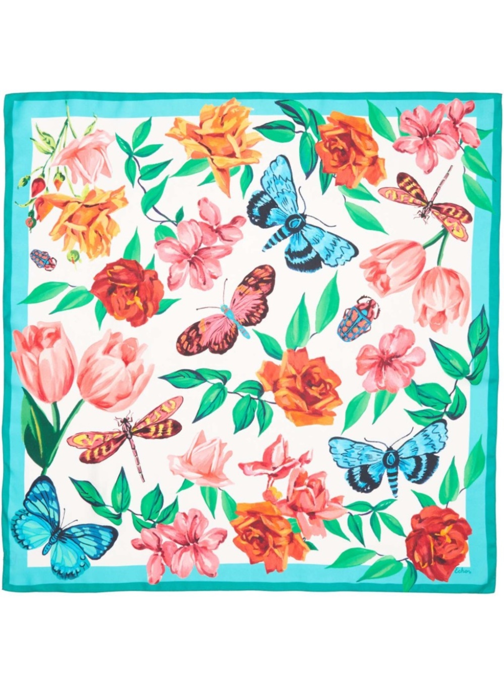 ECHO 100% SILK VTG butterflies FLORAL SQUARE SCARF WITH FLORAL PATTERN